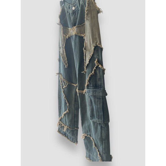 Romwe Punk Star Pattern Raw Trim Flap Pocket Cargo Boyfriend Jeans Denim Small - Picture 5 of 9
